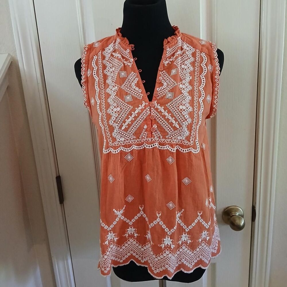 Sundance Annette Coral/White Embroidered Sleeveless 100% Cotton Top XS Boho